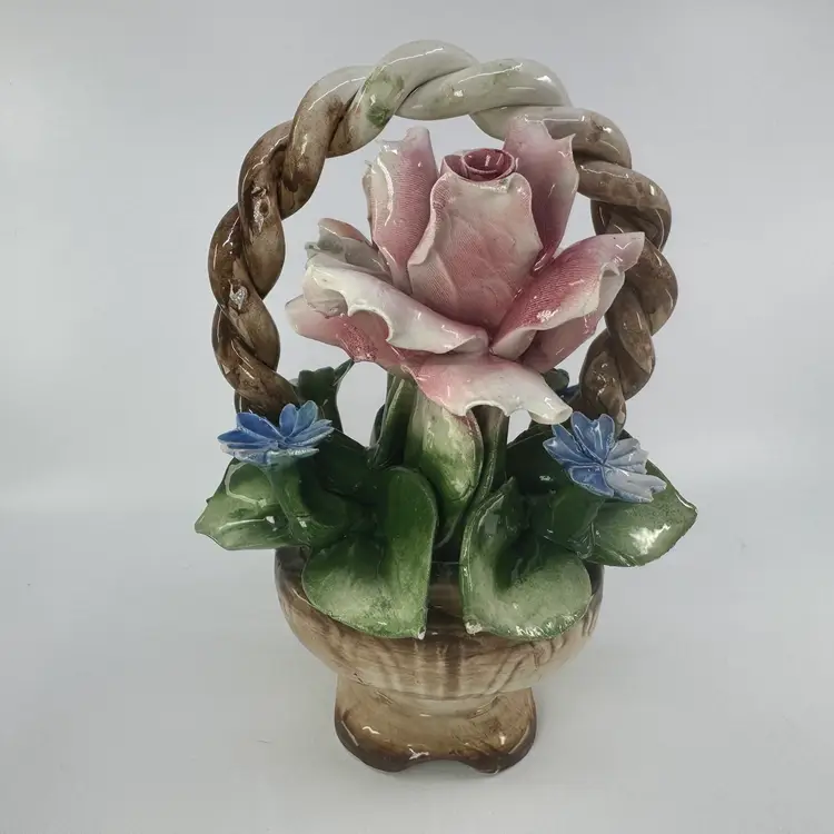Capodimonte Italy Porcelain Flower Basket Pink Blue Flowers - AS IS Small Chips