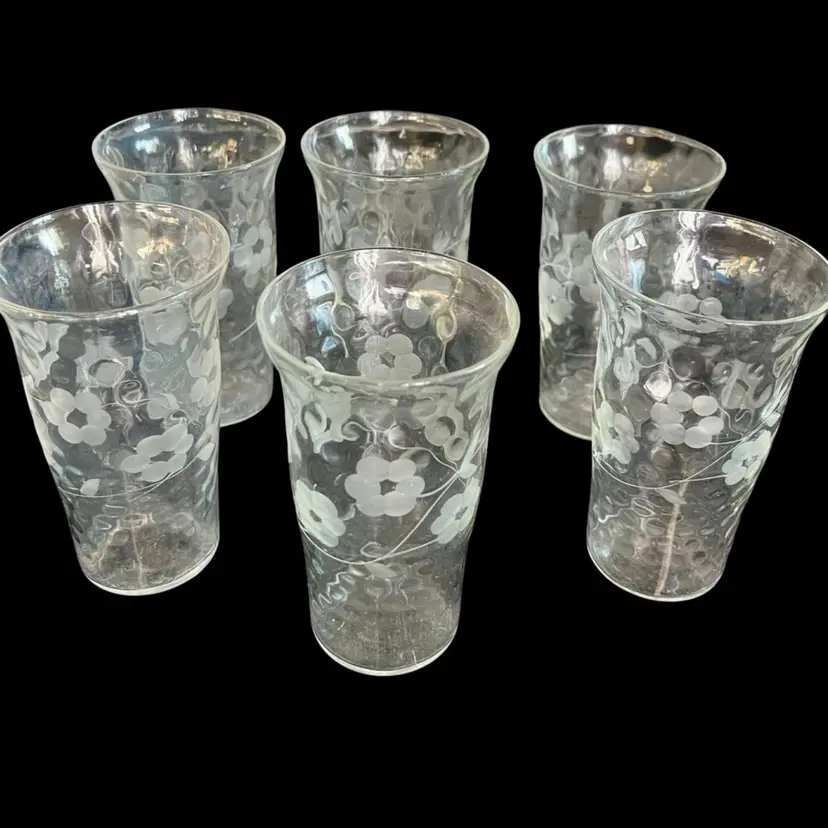 Set Of 6- Thin  Hand Blown Glass-  Juice/Cordial Glasses with Etched Florals- Teardrop Imprints- 4” - Vintage-