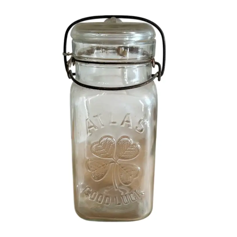 Vtg Atlas Good Luck Jar Quart Mason Four Leaf Clover Locking Baling Wire Lid 8"