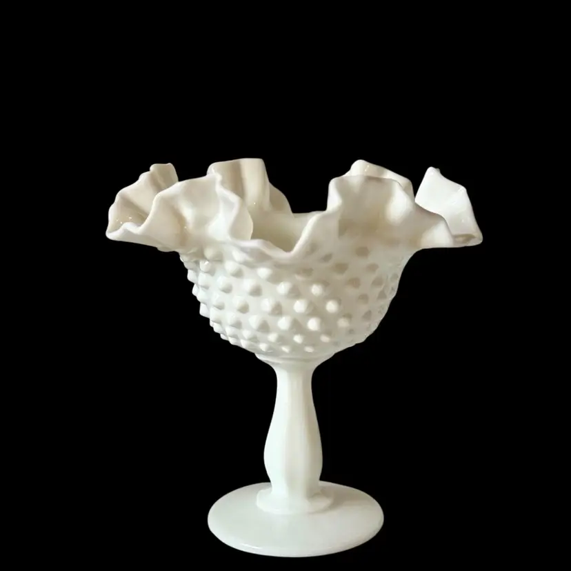 Vintage Fenton White Milk Glass Hobnail Footed Compote 6" Height Ruffle Top
6” T x 6-1/4” W