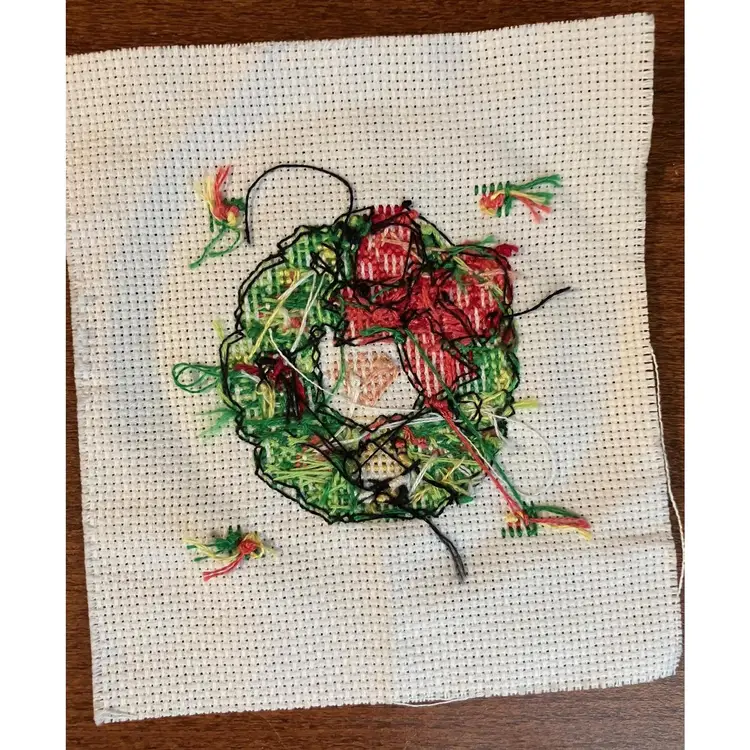 Handstitched Cross Stitch Christmas Wreath with Frame
