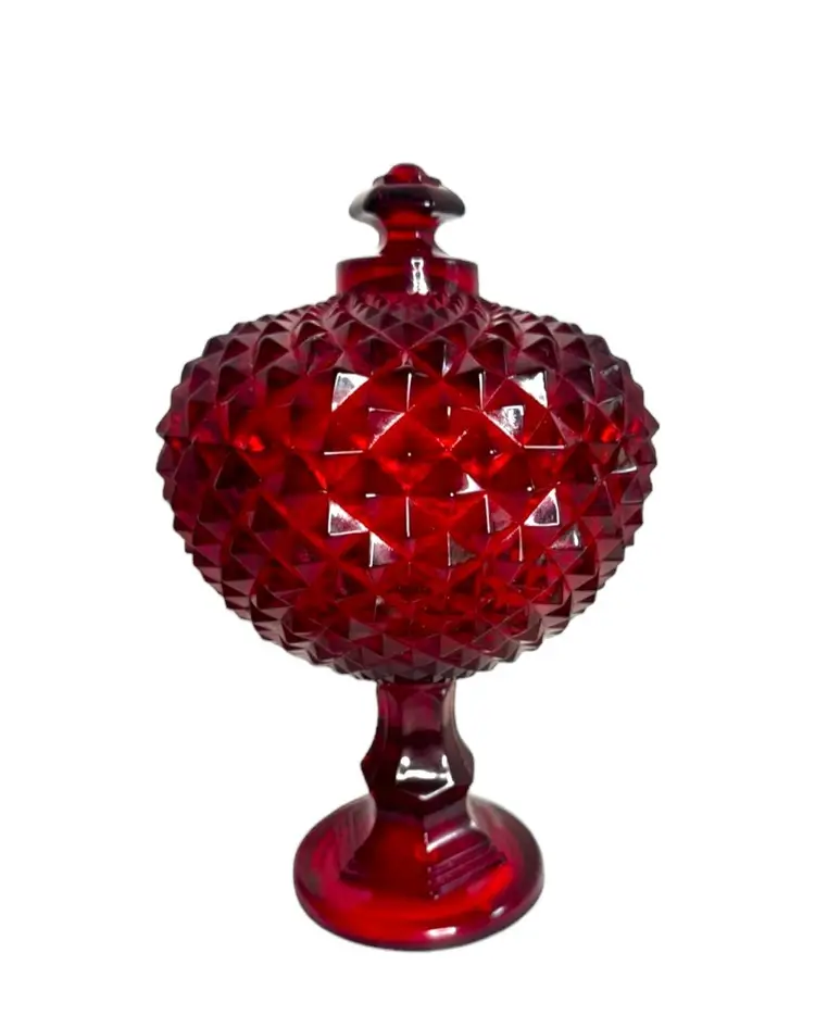 Westmoreland Diamond point Ruby red lidded pedestal candy dish /large compote with a sawtooth edge