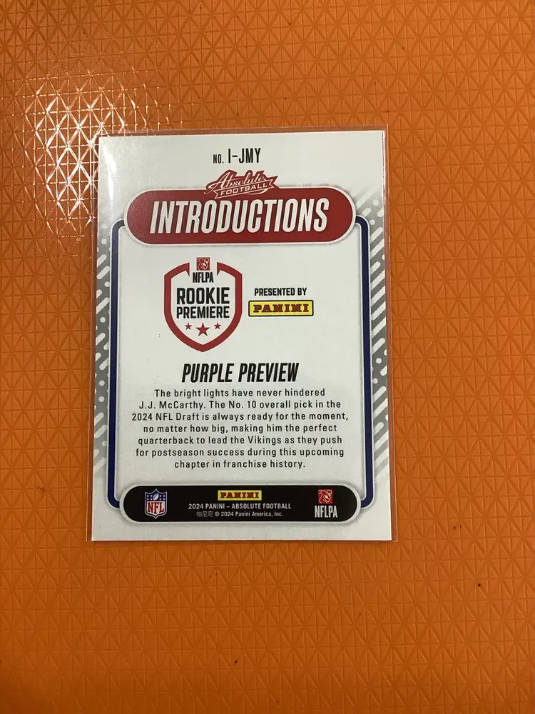 2024 Absolute Football JJ McCarthy NFLPA Introductions RC NM Minnesota Vikings