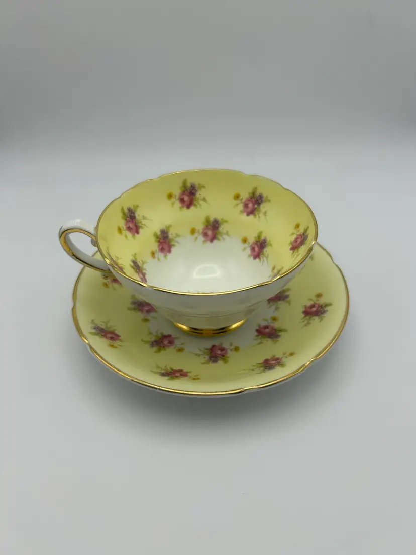 Stanley Fine Bone China Teacup Saucer Set Gold Trim & Yellow Floral Design Vtg