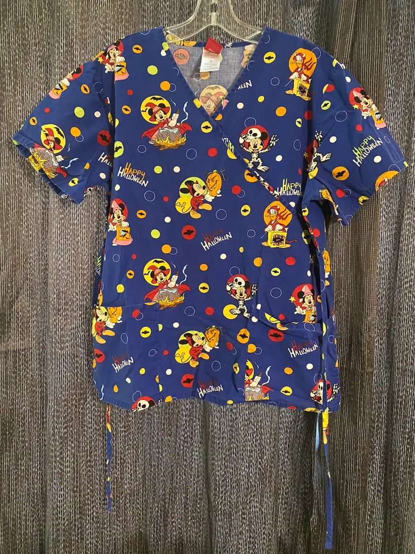 Disney Women's Size Medium Blue Happy Halloween Short Sleeve Scrubs Top