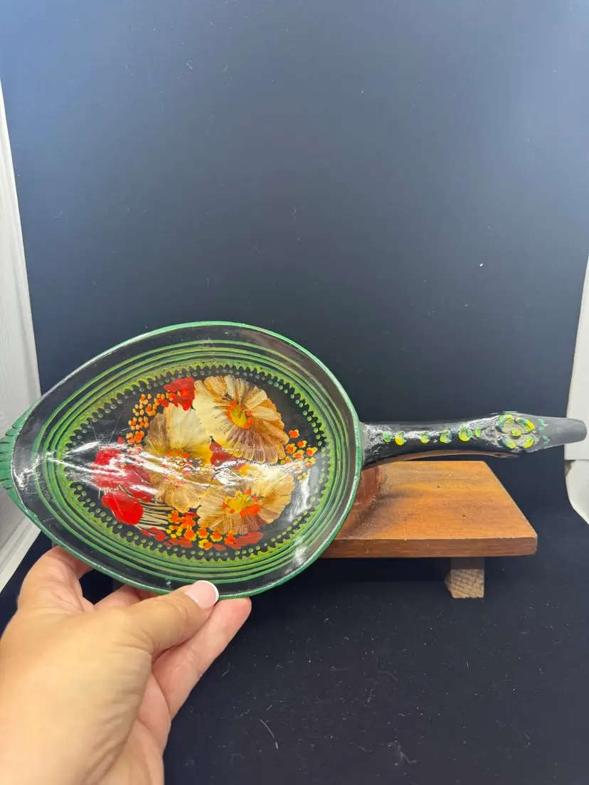 Hand-painted folk art Wooden dish with a bird-shaped handle, 11.5” Long