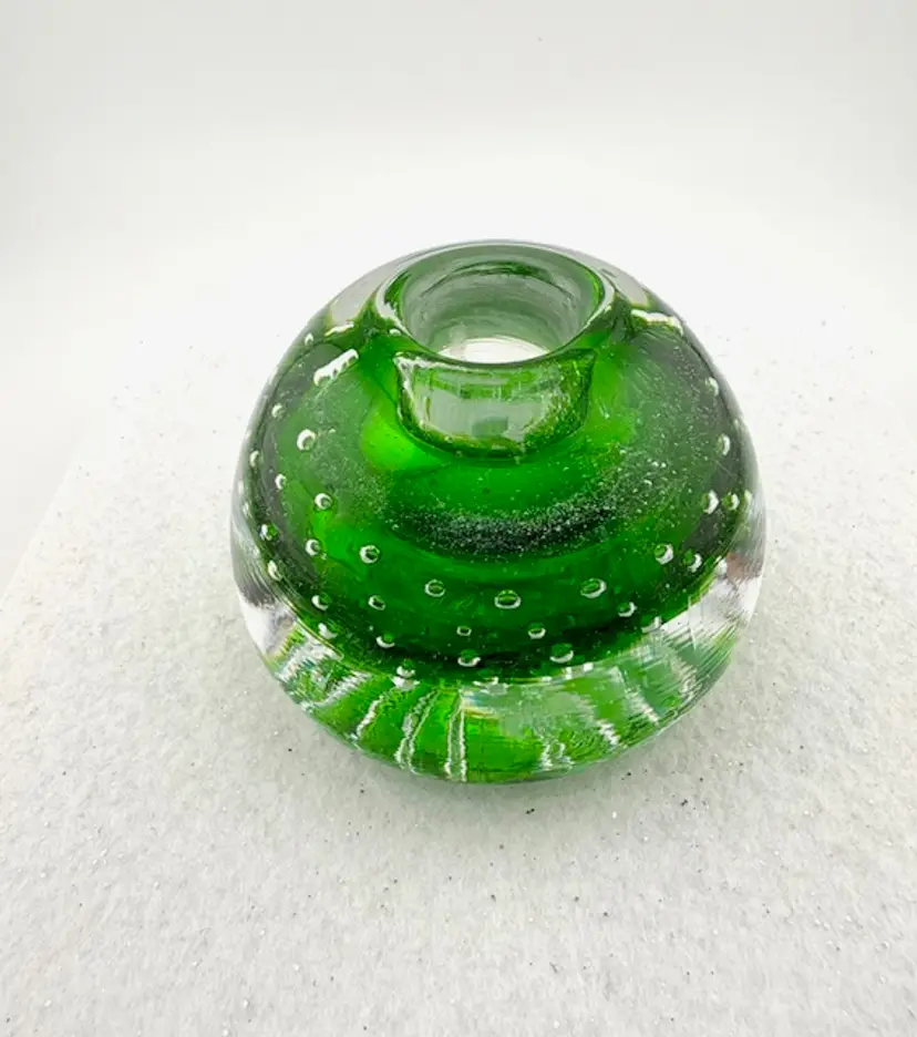 Vintage Green Candle Stick Holder Paperweight - With Controlled Bubbles - Beautiful Spiral starburst on the bottom - 2.75" tall x 2.75" wide