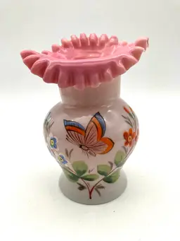 02 - Antique Pink Cased Ruffle Top Blown Uranium Glass Vase Hand Painted - Glows!