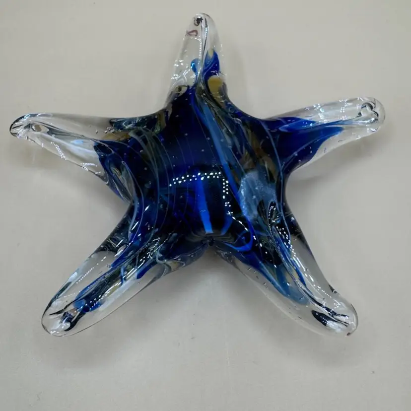 Art Glass Starfish Paperweight Deep Blue W/ Swirls & Controlled Bubbles