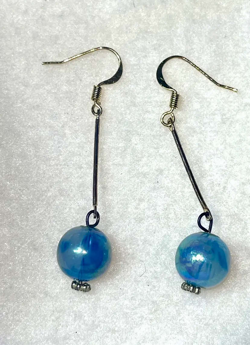 Gold Tone Pierced Earrings with Blue Beads. Costume.