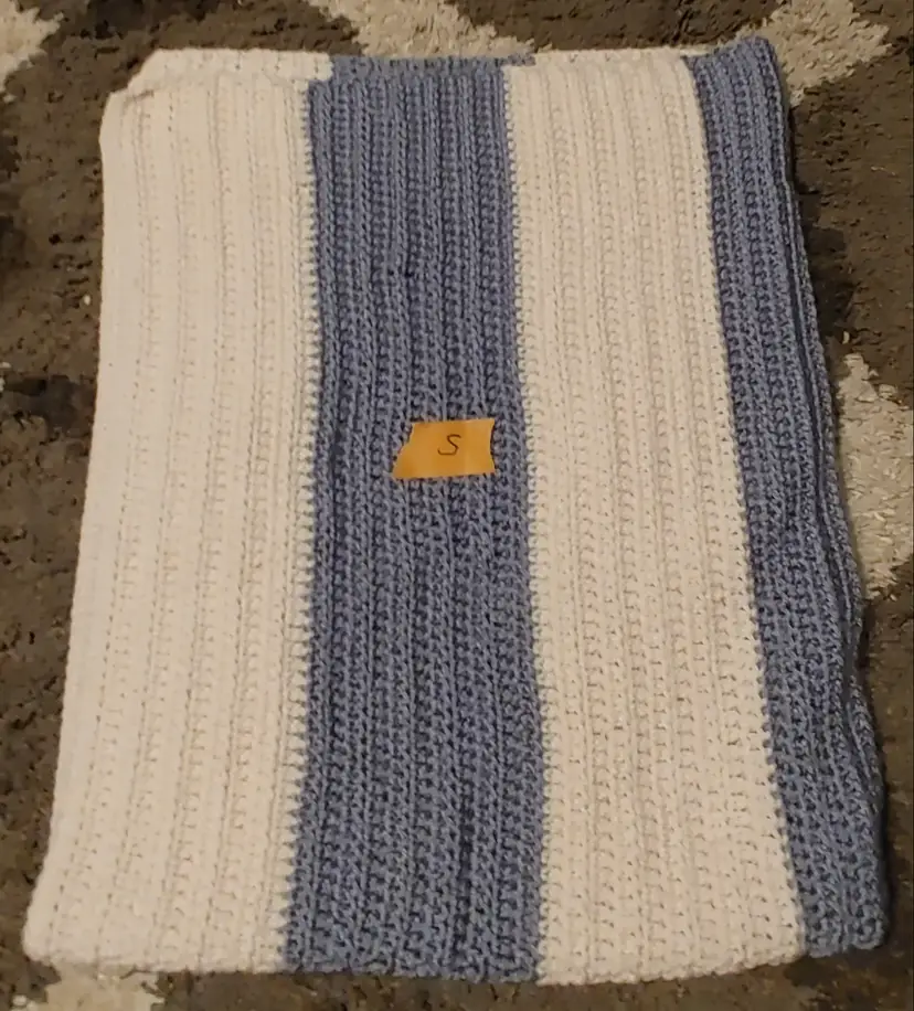 Afghan S- approx size 37 x 45. Blue & cream stripe. As shown.