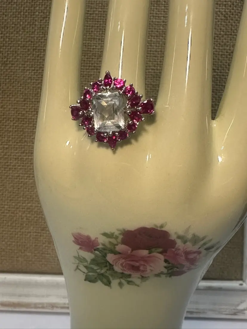 Vintage Sterling Silver PAJ 925 Large Spinel Stone Surrounded by Sapphire Stones Ring Sz 10