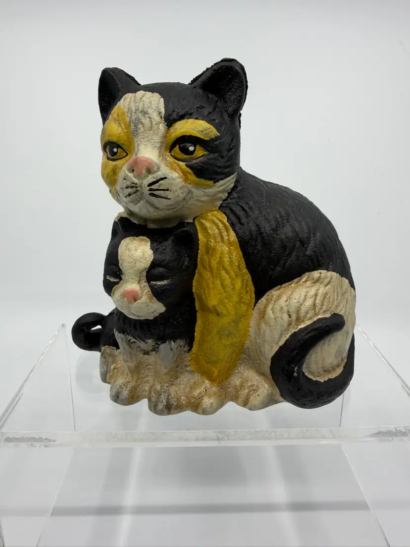 Vintage Cast Iron Black & White Cat W Kitten Bank/doorstop 6”