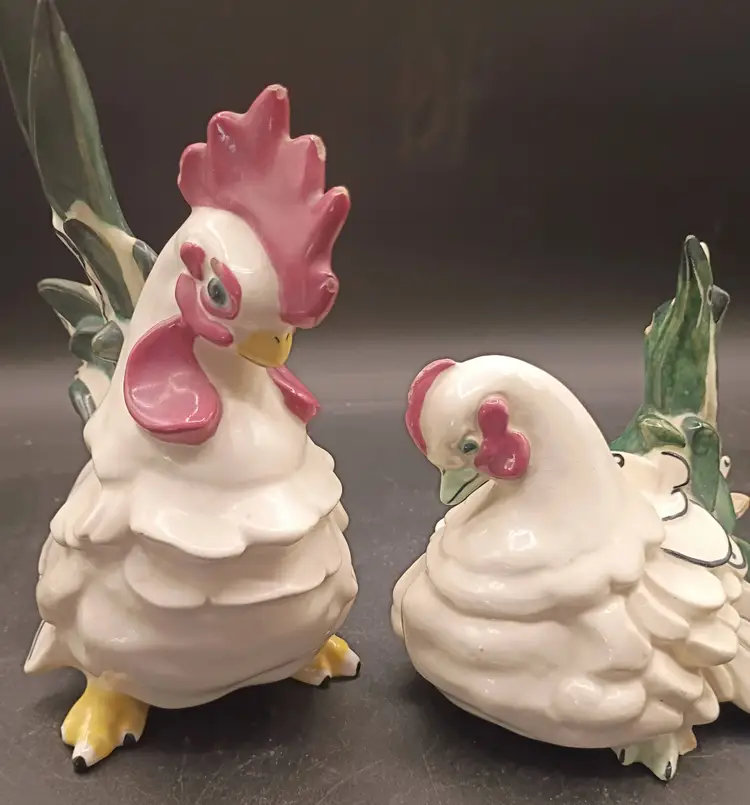 Vintage Kay French Rooster & Chicken Figurines California Pottery Chicken Marked