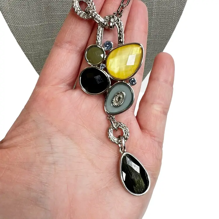 Lia Sophia Azure Multi Stone Colored Silvertone Pendant Y Drop Necklace