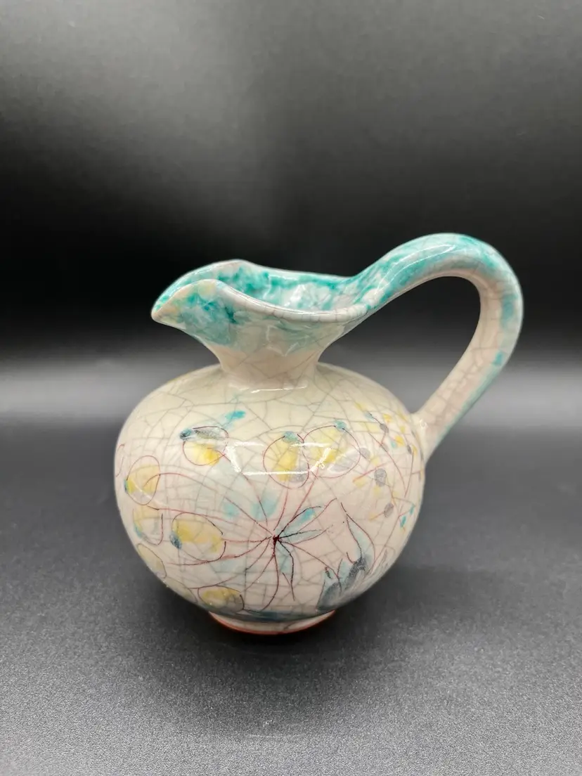Ingeborg Langlotz German MCM Studio Art Pottery Hand Painted Dandelion Motif Pitcher 4.5”