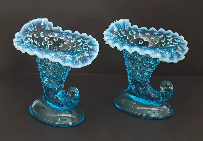 Fenton Blue Opalescent Hobnail Cornucopia Pillar Candle Holders (2)