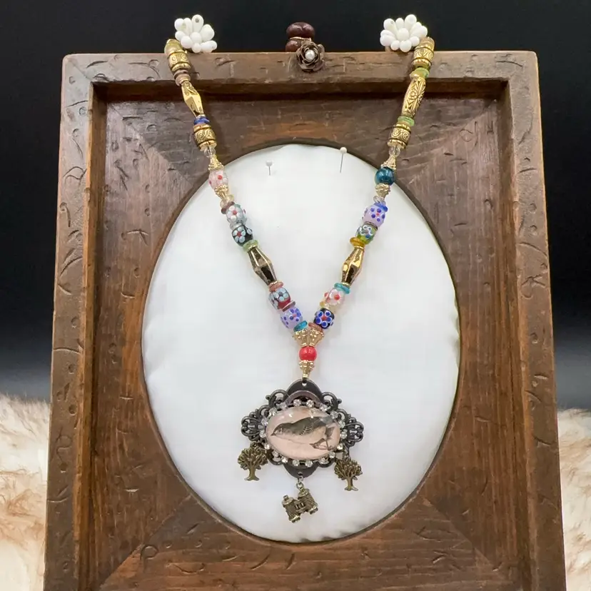 Vintage Colorful, Beaded Bird Necklace
