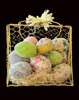 Rustic Yellow Chicken Wire Purse Easter Basket w/12 Large Glass Beaded Eggs