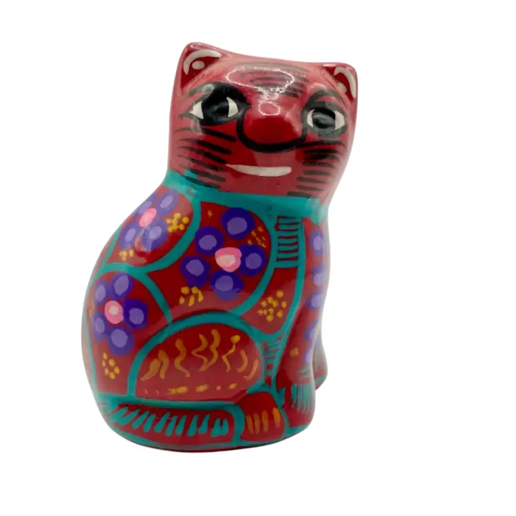 TALAVERA Red Cat Figurine Mexican Folk Art Terracotta Hand Painted 3.5” H