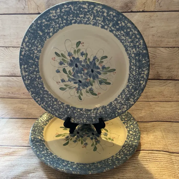Pair 2 East Texas Pottery Blue Sponge Ware Flowers 11"  Dinner Plate Marshall