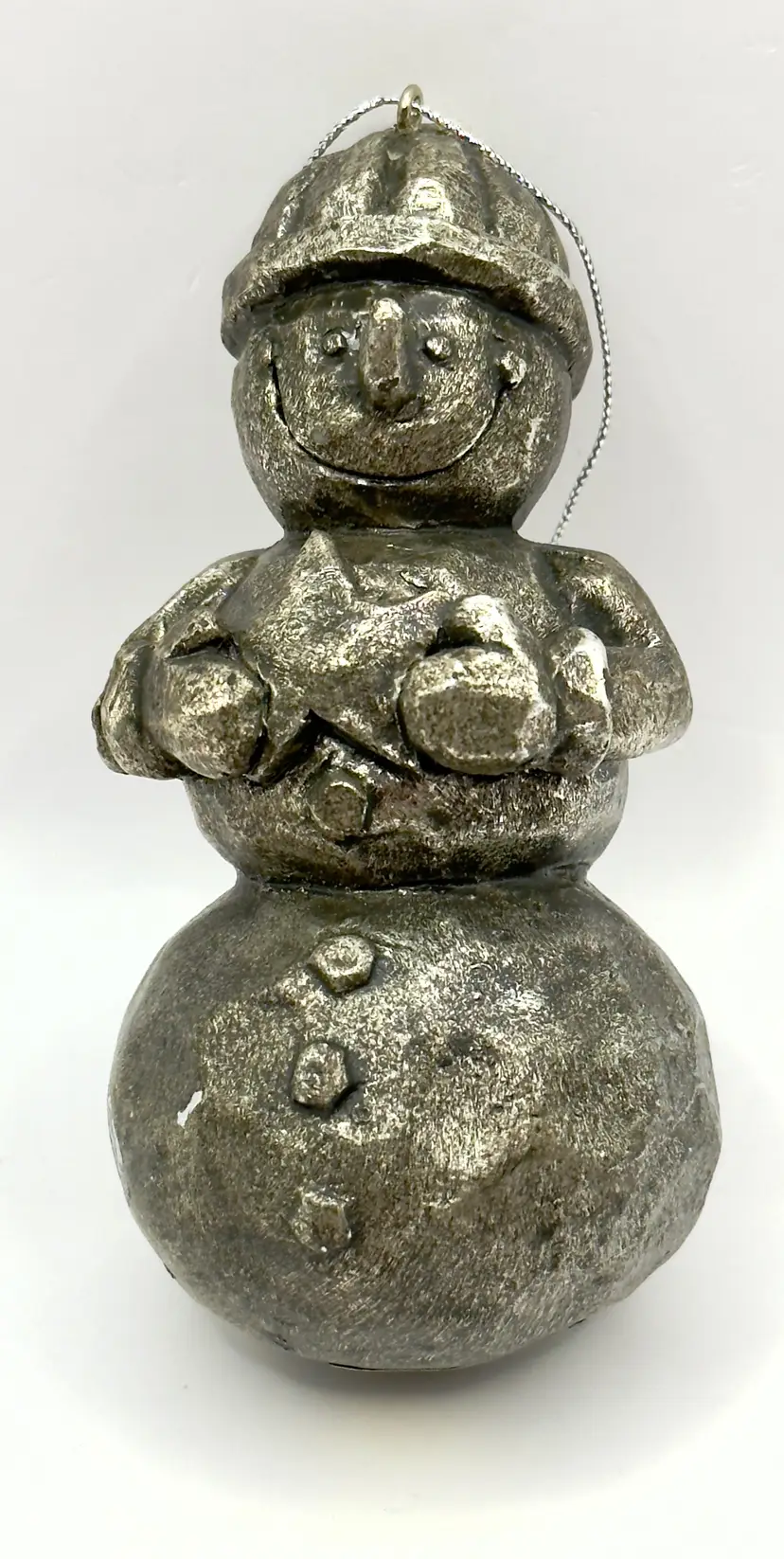 Vintage Silver Metal Snowman Figurine Christmas Ornament, Rustic Holiday Decor, Unbranded, Made In China