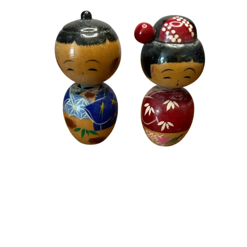 Set Of 2 Vintage 2 1/2 “ Tall “ Nodder” Head Wooden Kokeshi Dolls