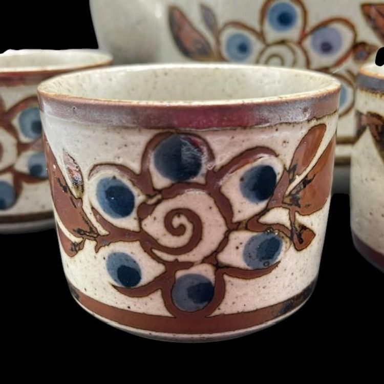 Tea Pot & 4 Cup Set Otagiri Stoneware Pottery Japan Blue Brown Floral Vintage