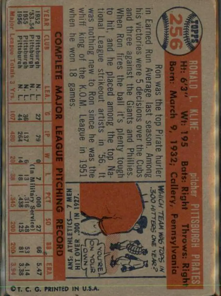 1957 Topps #256 Ronnie Kline - ( pk1 ) - Pittsburgh Pirates