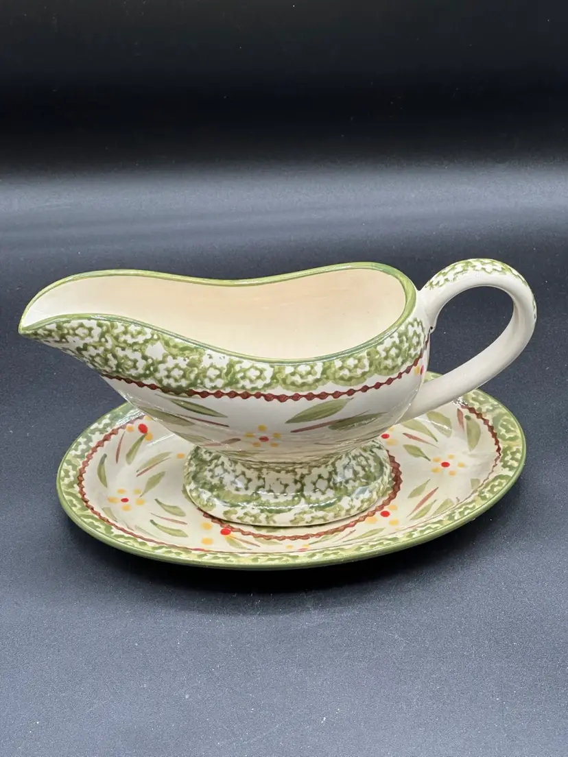 Temptations by Tara Old World Green Gravy Boat with Underplate