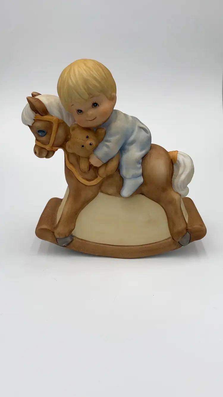 Vtg. Gorham Porcelain Rocking Horse & Boy Music Box, "It's a Small World", Rocks