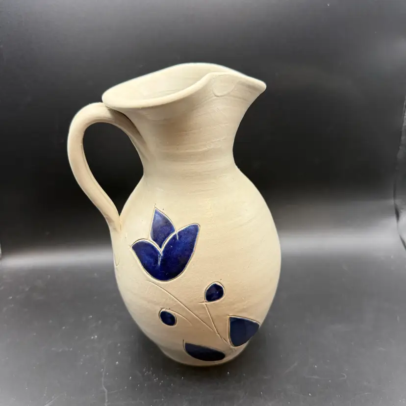 Vintage Williamsburg Pottery Cobalt Blue Flower Salt-Glazed Stoneware Pitcher - 8 In