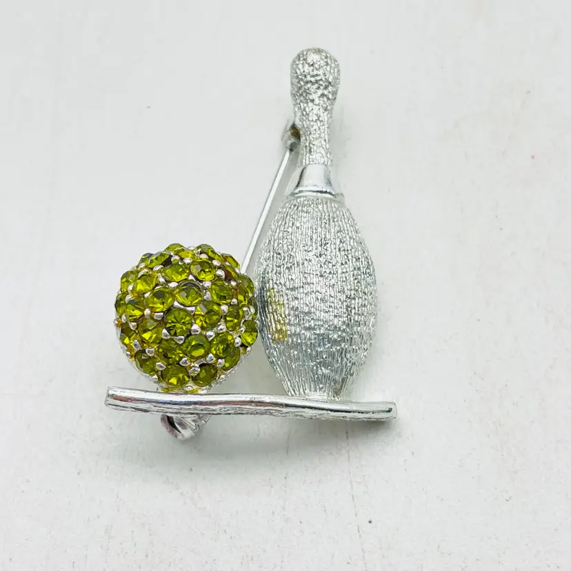 DODDS Bowling Pin Silver Tone Green Rhinestone Ball Vintage