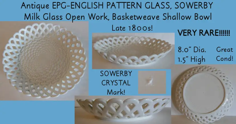 RARE Antique English / EPG Sowerby Glass Open Work Milk Glass Bowl