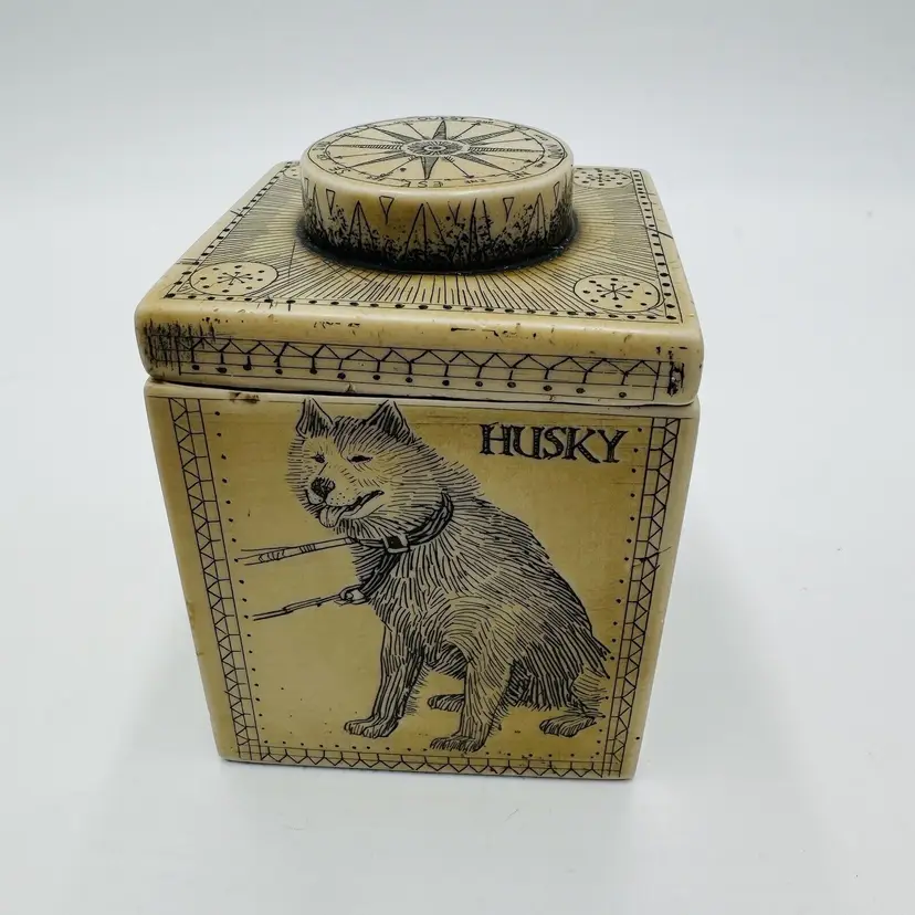 Faux Scrimshaw Trinket Box Nautical Compass Husky Walrus Polar bear Sheep