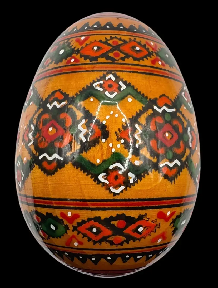 Vintage European Lacquered Wood Easter Egg Hand Painted Red Green White Black 4”