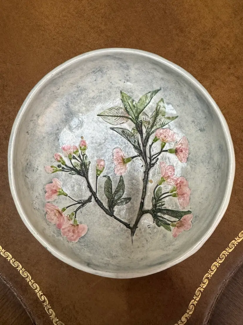 7” Salt Marsh Pottery Wall Hanging Plate with Pink Cherry Blossom design. Made in MA in 1968, dated & signed
