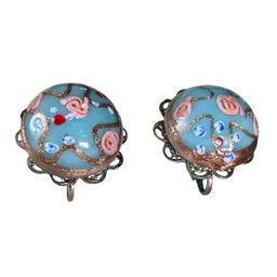 Vintage Blue Wedding Cake Venetian Art Glass Clip On Earrings