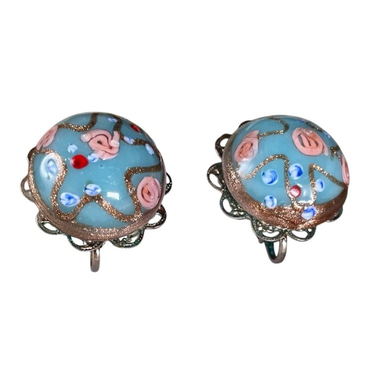 Vintage Blue Wedding Cake Venetian Art Glass Clip On Earrings