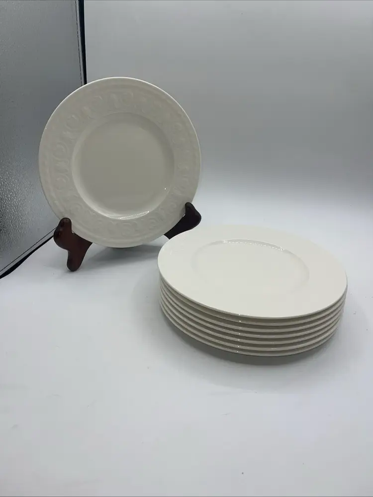 Villeroy & Boch CELLINI White 8.5" Salad Plates. Raised Floral Pattern Set Of 8