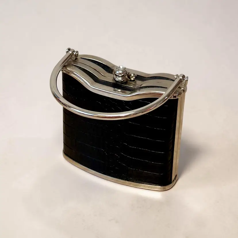 Black Bijoux Terner Hardshell Purse Mini Bag Clutch W/Silver Hardware Faux Croc