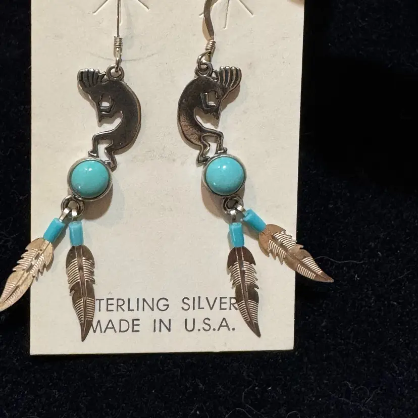 Sterling Silver Dangle Pierced Earrings Kokopelli With Turquoise And Sterling Silver Feathers 1 7/8” Drop