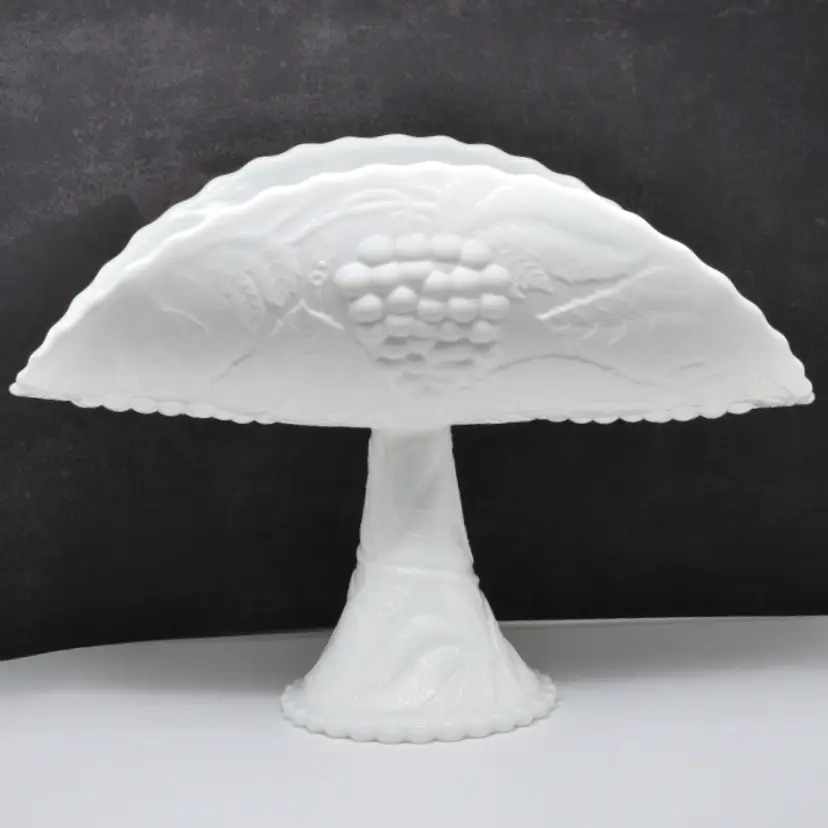 Vintage LE Smith Molded Milk Glass Banana Stand with Pedestal, Grapes Leaves