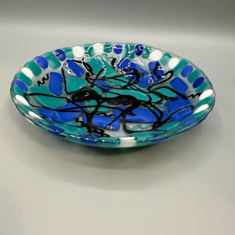 Handmade Fused Glass Shallow Bowl: Abstract Blue & Turquoise Art Piece 7.5”