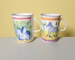 Rose of England Bone China Pair Jungle Animal Coffee Mugs Zebra Elephant READ