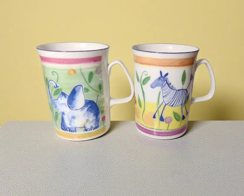 Rose of England Bone China Pair Jungle Animal Coffee Mugs Zebra Elephant READ