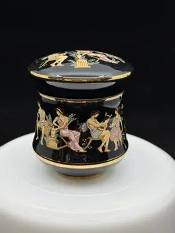 Vintage “Andros” Greek Ceramic Perfume Pot Black With Gold Accents