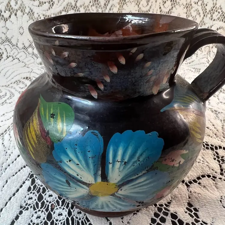 026 Hand Painted Southwestern/Mexican Red Wear Floral Pitcher/Vessel 5.75" X 6"