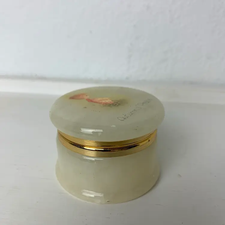 Precious Moments Trinket Box Autumn's Praise Genuine Alabaster Gold Trim Made in Italy 1987 Samuel J. Butcher