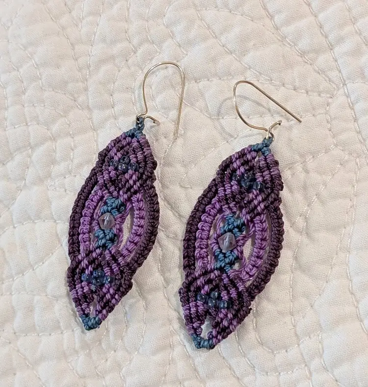 Vintage Artisan Made Macrame Beaded Pierced Earrings in Shades of Purple and Blue